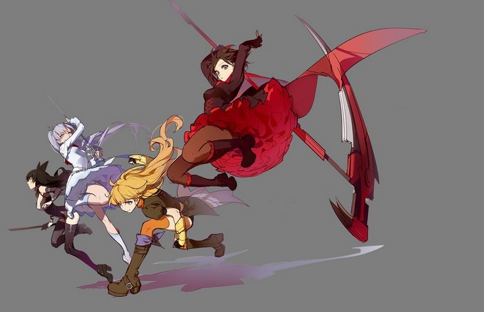 RWBY characters Ruby Rose, Weiss Schnee, Blake Belladonna, and Yang Xiao Long