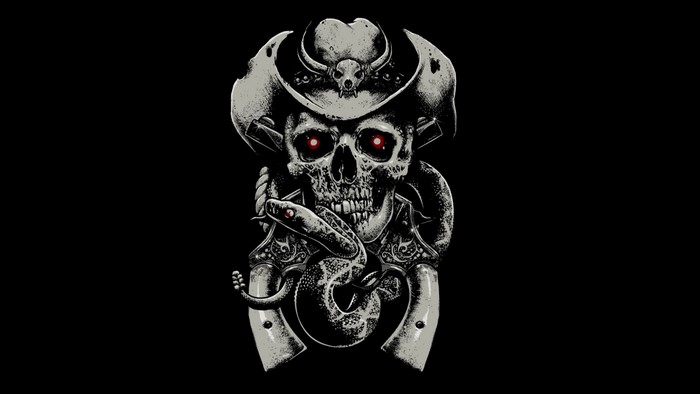Skull with cowboy hat, snake, and revolvers illustration