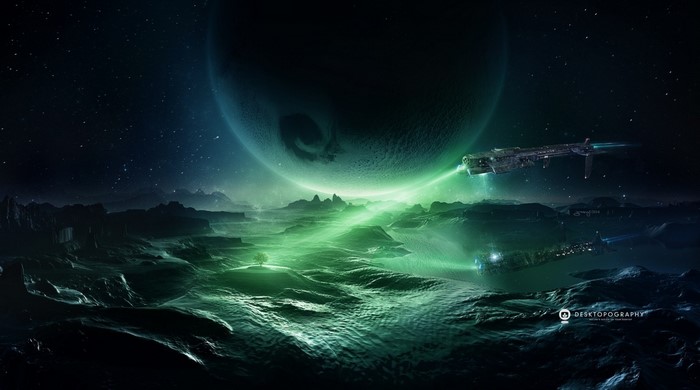 Spaceships near a glowing planet in outer space