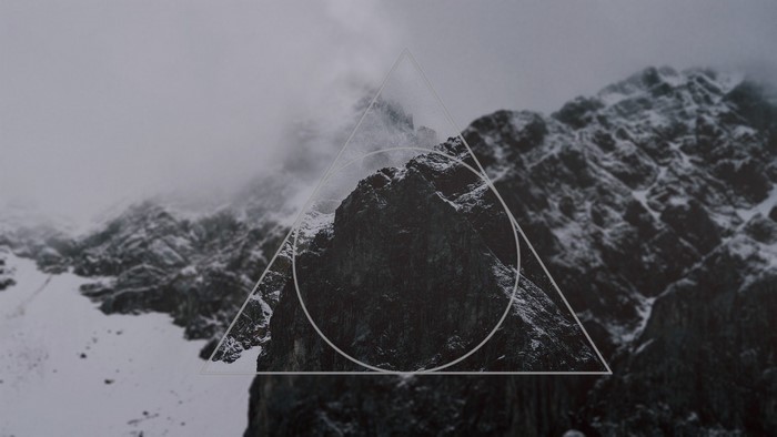 Monochrome mountains with abstract geometric shapes