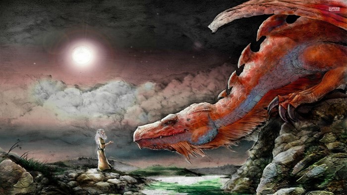 A woman and a dragon under the moonlight