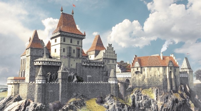 Fantasy castle on a rocky cliff under a cloudy sky