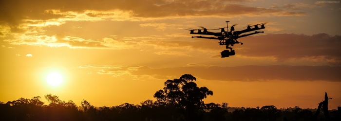 DJI Spreading Wings S1000 Plus drone flying at sunset
