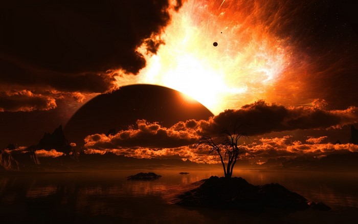 Fantasy planet with eclipse and fiery clouds
