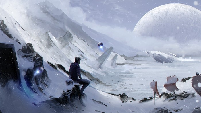 Man sitting on snowy mountain overlooking alien landscape with crashed ship