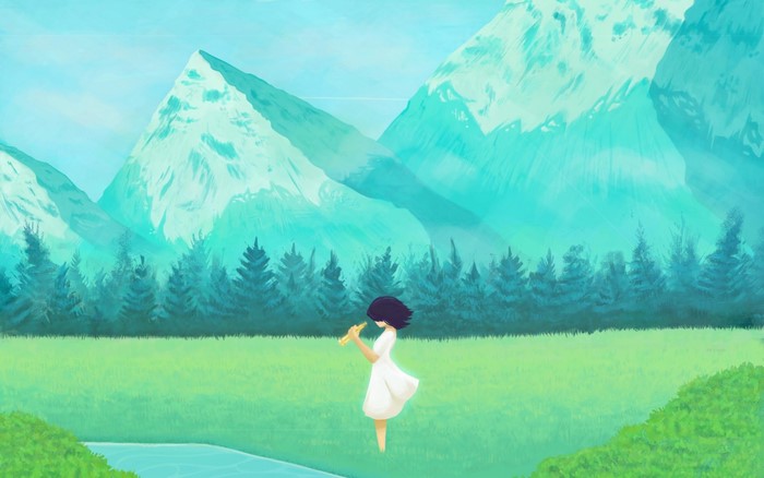 Girl playing flute in front of mountains and forest
