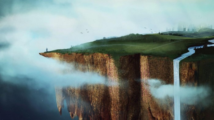 Floating island with waterfall and distant city