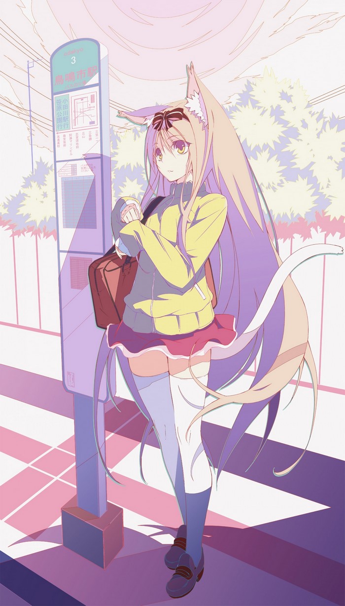Anime girl with fox ears at a bus stop