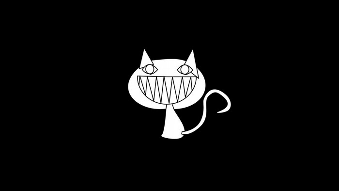 White cartoon cat with sharp teeth on black background