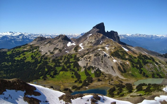 Mountain landscape with lakes and snow-capped peaks