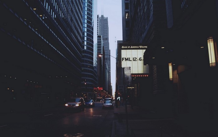 Bank of America Theatre marquee at night