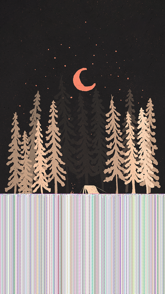 Camping in a forest at night with a crescent moon