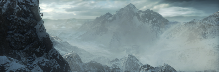 Lara Croft climbing a snowy mountain in Rise of the Tomb Raider