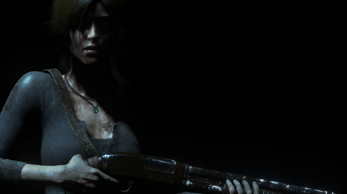 Lara Croft from Tomb Raider holding a shotgun