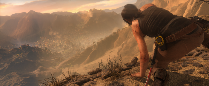 Lara Croft from Rise of the Tomb Raider overlooking a valley