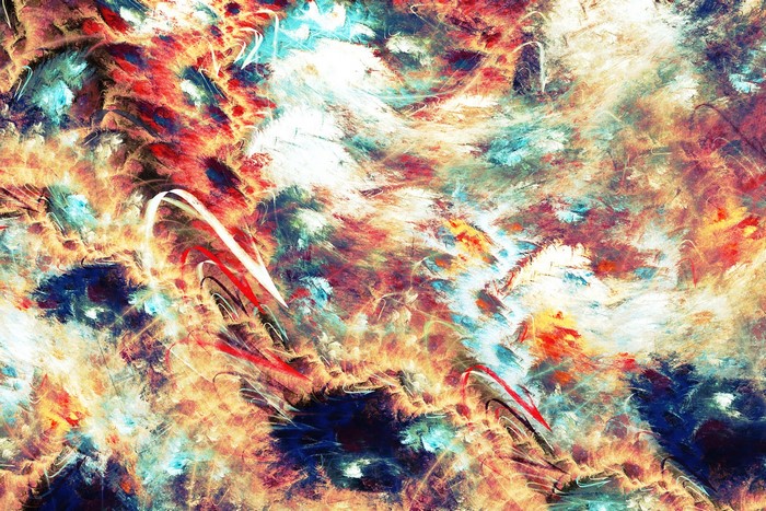 Abstract painting with red, blue, and gold textures