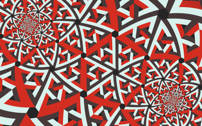 Abstract fractal pattern with red, white, and blue geometric shapes