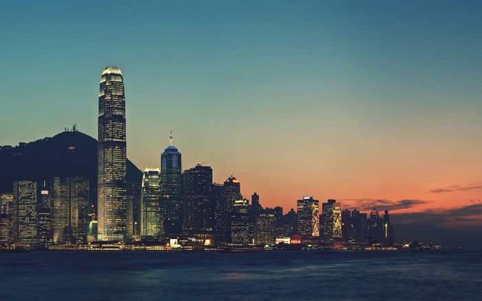 Hong Kong skyline at dusk with Victoria Harbour