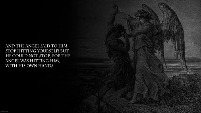 Angel fighting a man with text overlay