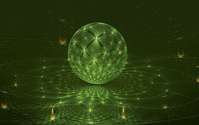 Green fractal sphere with concentric circles and glowing orbs