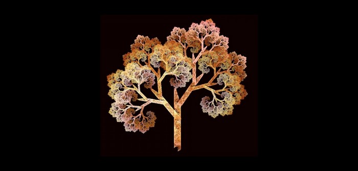 Fractal tree with gold and pink hues on black background