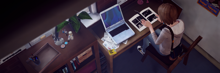 Max Caulfield from Life Is Strange looking at photos