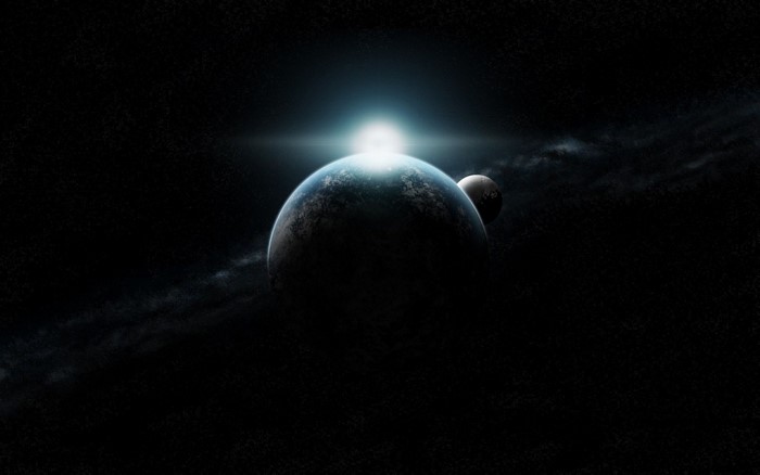 Planet and Moon in Space with Sunrise