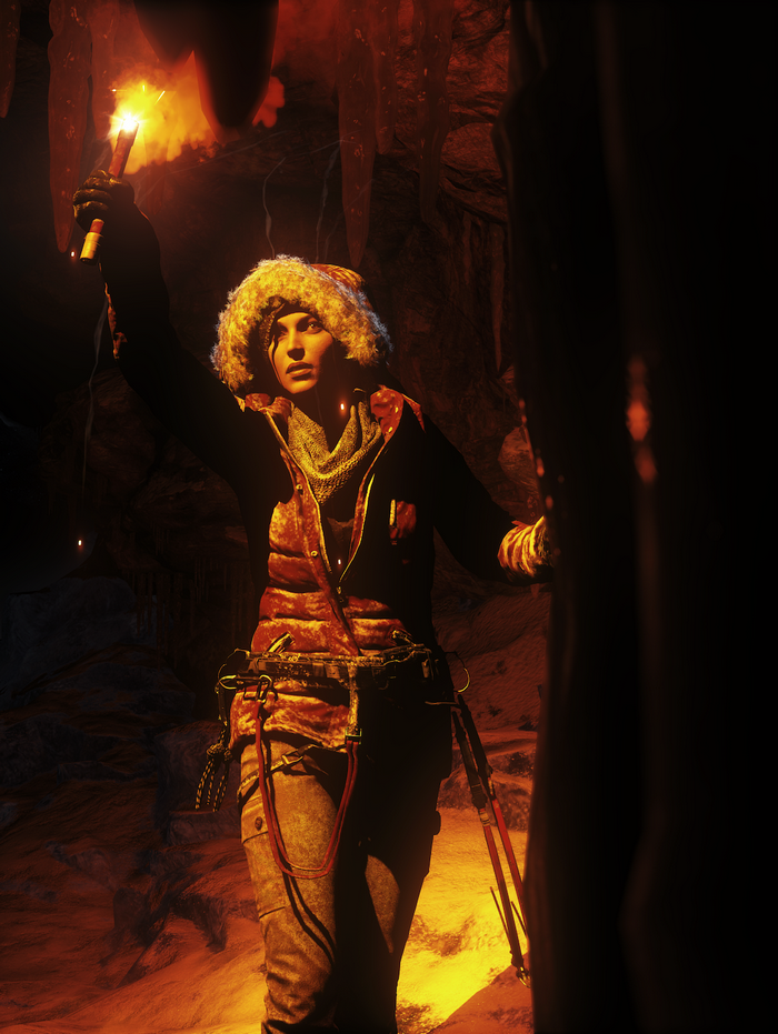 Lara Croft from Rise of the Tomb Raider in a cave