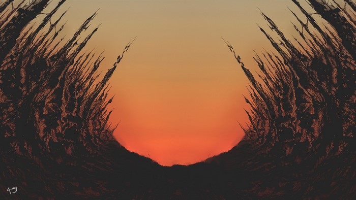 Dark spiky formations against a sunset sky