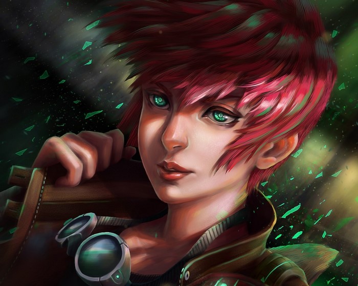 Illustration of a young woman with red hair and green eyes