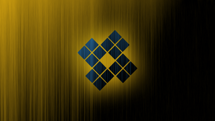 Blue and yellow abstract geometric logo on striped background