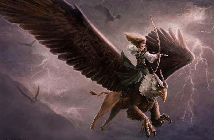 Woman riding a griffin with a bow and arrow in a storm