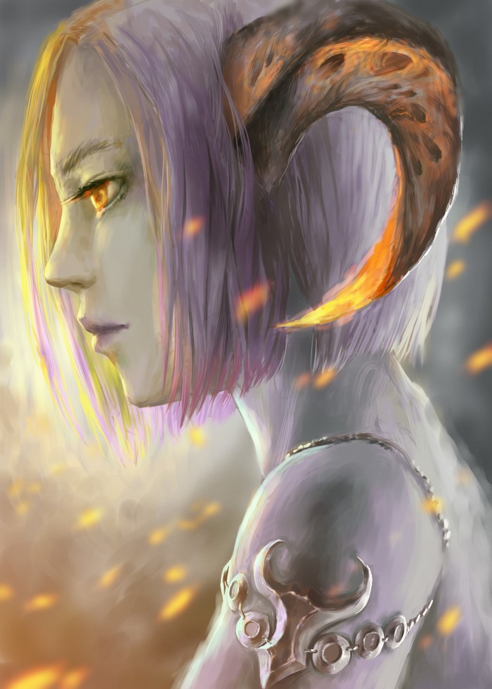 Painting of a demon with horns and glowing eyes