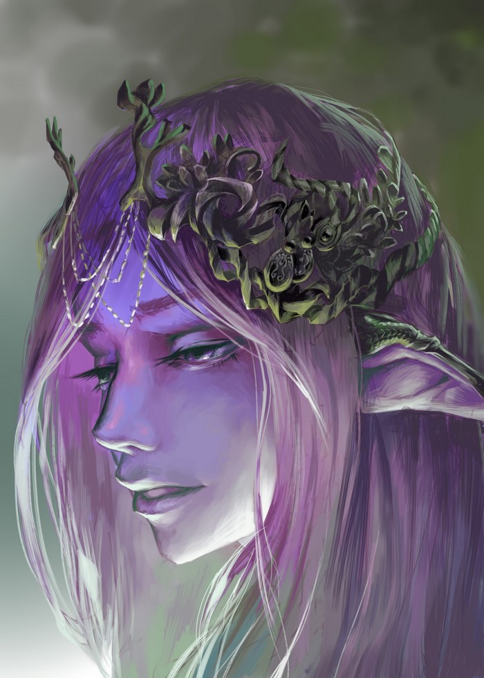 Digital painting of a purple elf with a floral crown