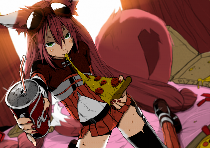 Anime girl with fox ears eating pizza and drinking soda