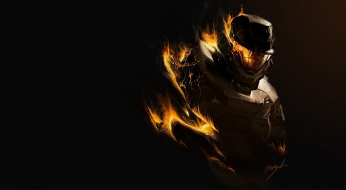 Master Chief from Halo engulfed in flames