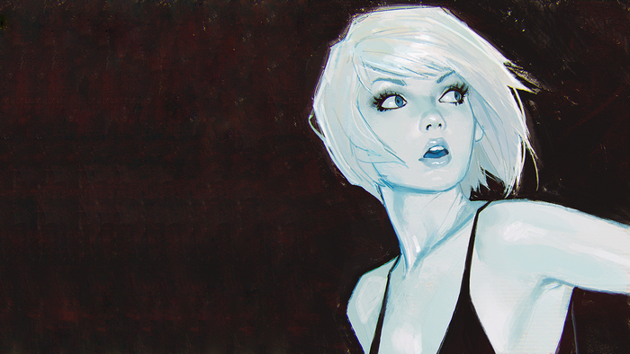 Blue-skinned woman with short white hair