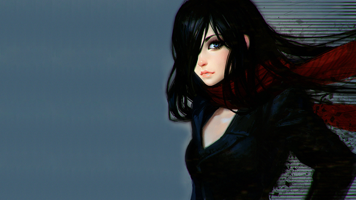 Anime girl with black hair and red scarf