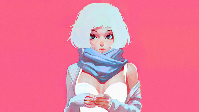 Anime girl with white hair and blue scarf