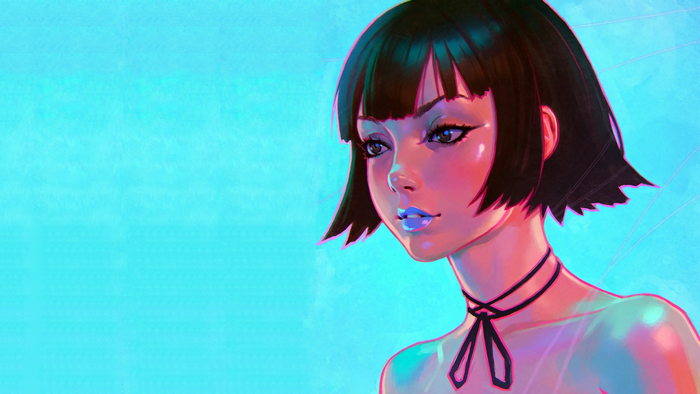 Girl with black bob haircut and blue lips