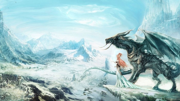 Girl and Dragon in a Snowy Mountain Landscape