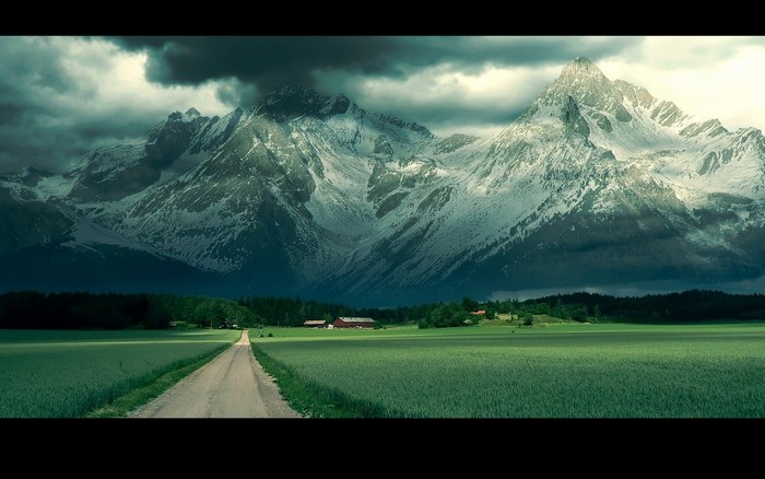Snow-capped mountains over a green field with a road