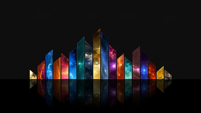 Abstract colorful shapes with reflections on black background