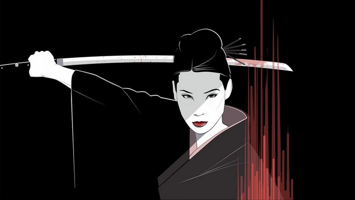 The Bride from Kill Bill holding a bloody katana