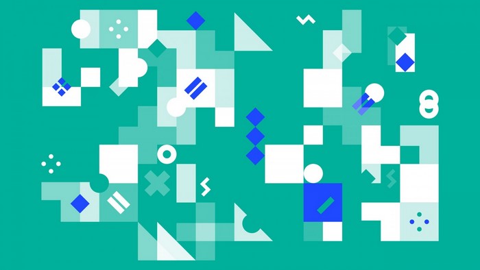 Abstract geometric shapes and patterns on a teal background