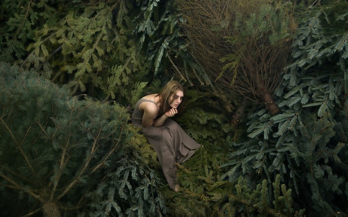 Woman sitting among evergreen trees