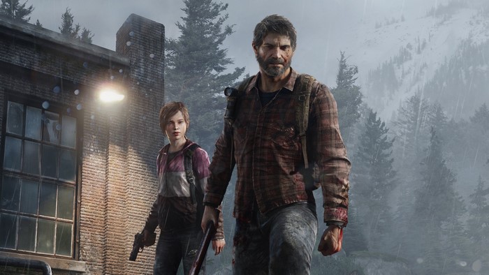 Joel and Ellie from The Last of Us in the rain