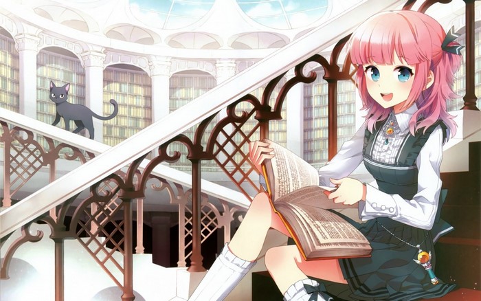 Anime girl with pink hair reading a book in a library with a cat