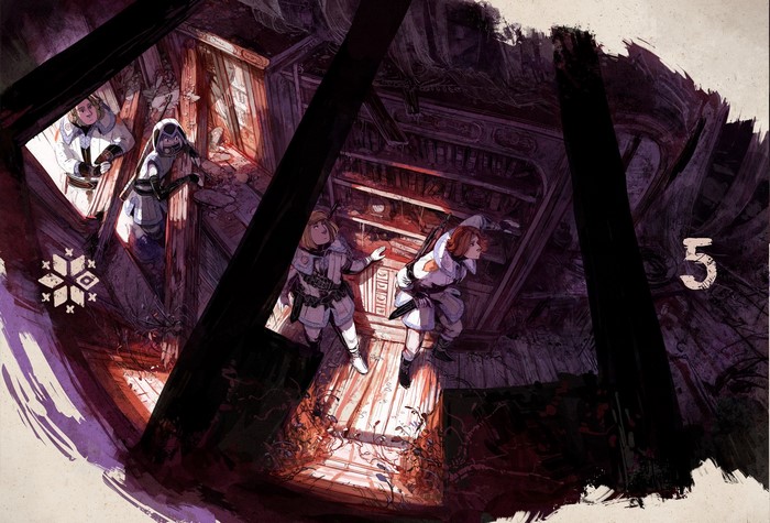Characters from Stand Still, Stay Silent in a ruined interior