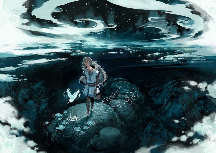 Girl with a spirit bird in a dark, cloudy landscape